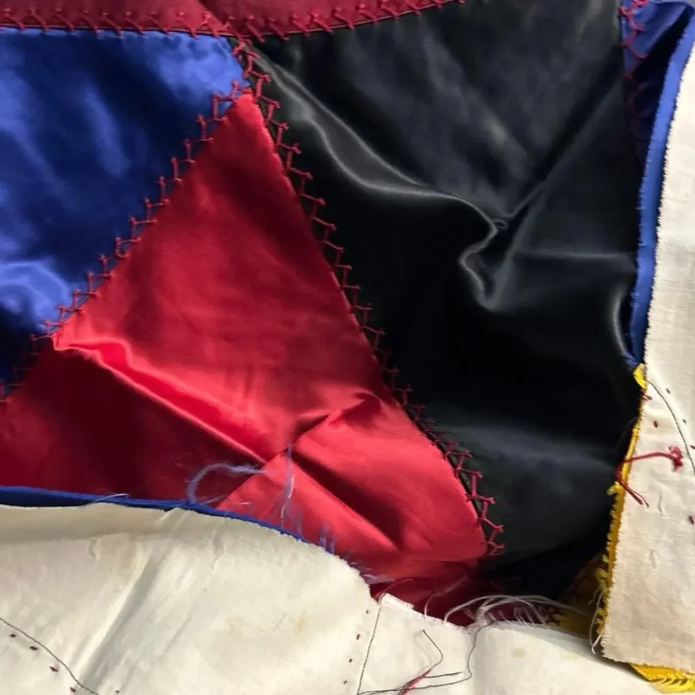 5 Swaths of Crazy Quilt Vibrant Satin Fabric c1930s/40s Individual 24x24”
